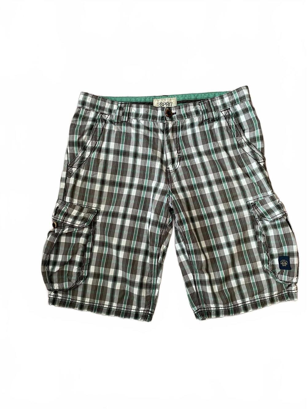 Esprit Y2K Skater Green & Black Plaid Cargo Shorts 100% Cotton Mens Size 33